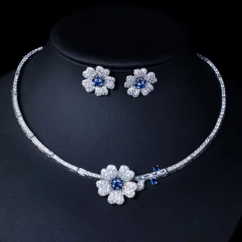 Elegant Cubic Zirconia Floral Design Necklace And Earrings Bridal Jewelry Set