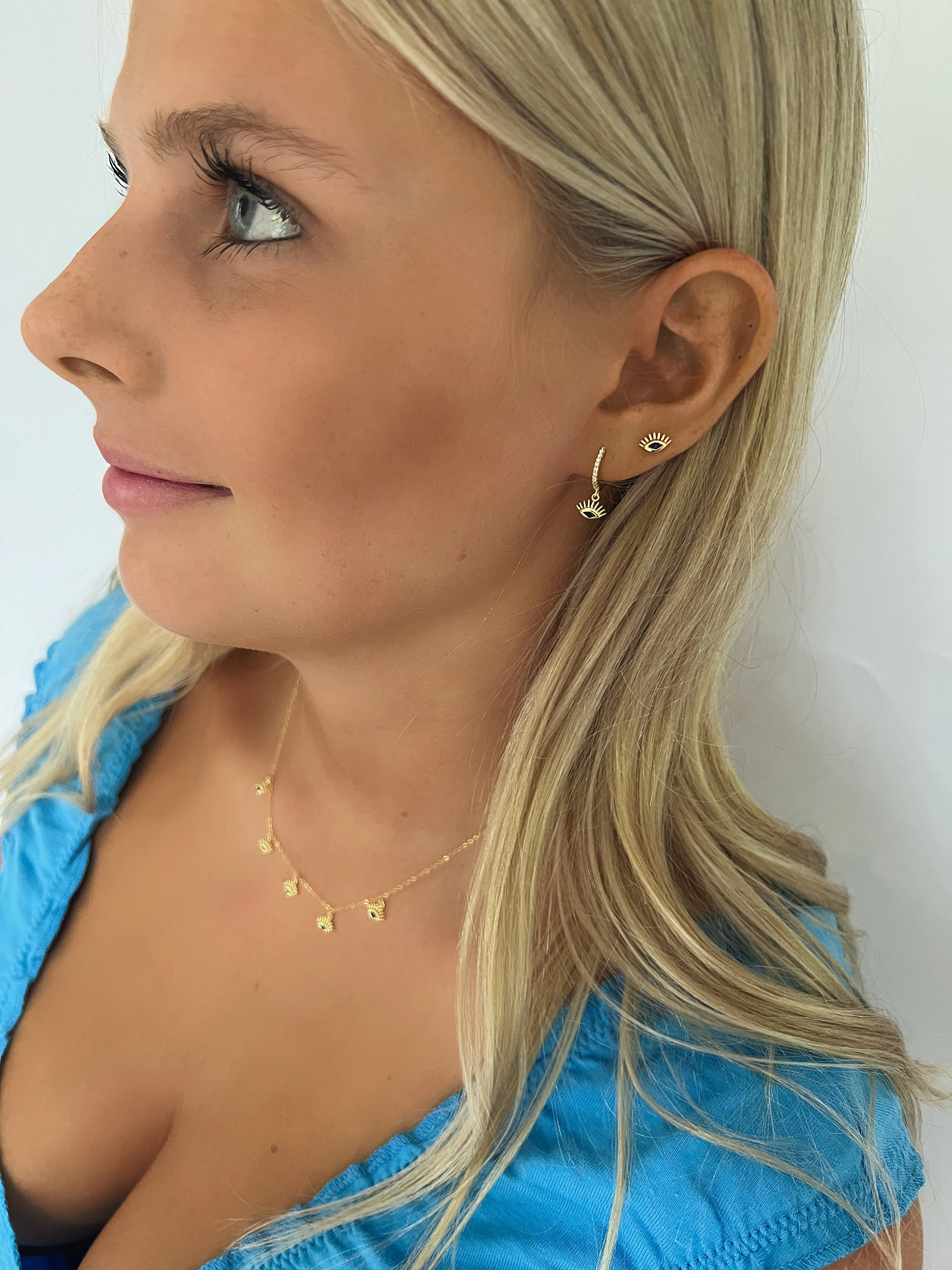 Evie Evil Eye Gold Sapphire CZ Sterling Silver Stud
