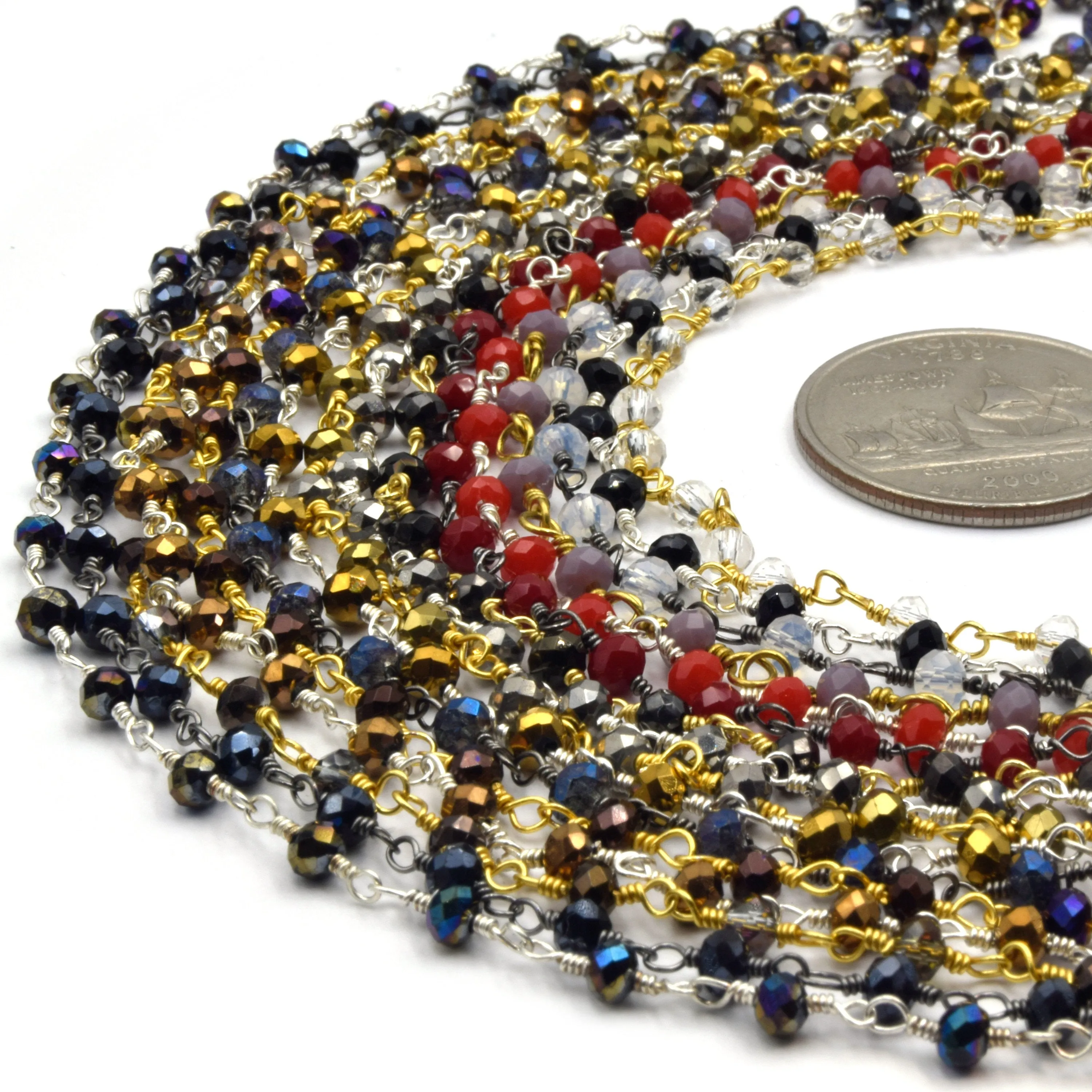 Faceted Crystal Beads Rosary Chain | 2mm x 3mm | Sold by the Foot | Gold, Silver, Gunmetal Beaded Chain | Chain for Jewelry Making