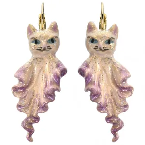 Ghost Kitty Leverback Earrings (Goldtone/White)