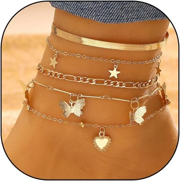 GIGB PBDK Layered 14k Gold Anklets Set for Women,Boho Figaro Chain Link Anklets Adjustable Butterfly Star Heart Anklets Beach Foot Jewelry Gift