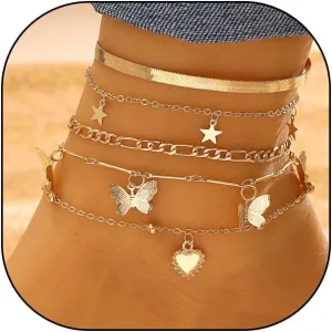 GIGB PBDK Layered 14k Gold Anklets Set for Women,Boho Figaro Chain Link Anklets Adjustable Butterfly Star Heart Anklets Beach Foot Jewelry Gift