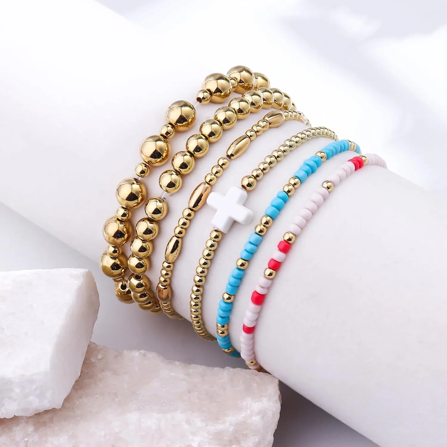 Gold Beaded Bracelets for Women: 14K Gold Bracelets for Women Trendy Dainty Gold Ball Bracelet Stack for Womens - Boho Stretch Bracelets Jewelry Sets with Cross Fashion Accessories Gifts for Women