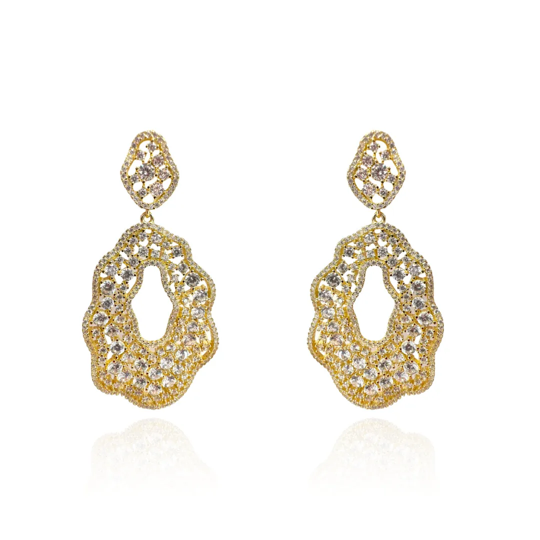 Gold Plated Large Open Oval Hanging Dressy Earring with Scattered CZ Stones Design