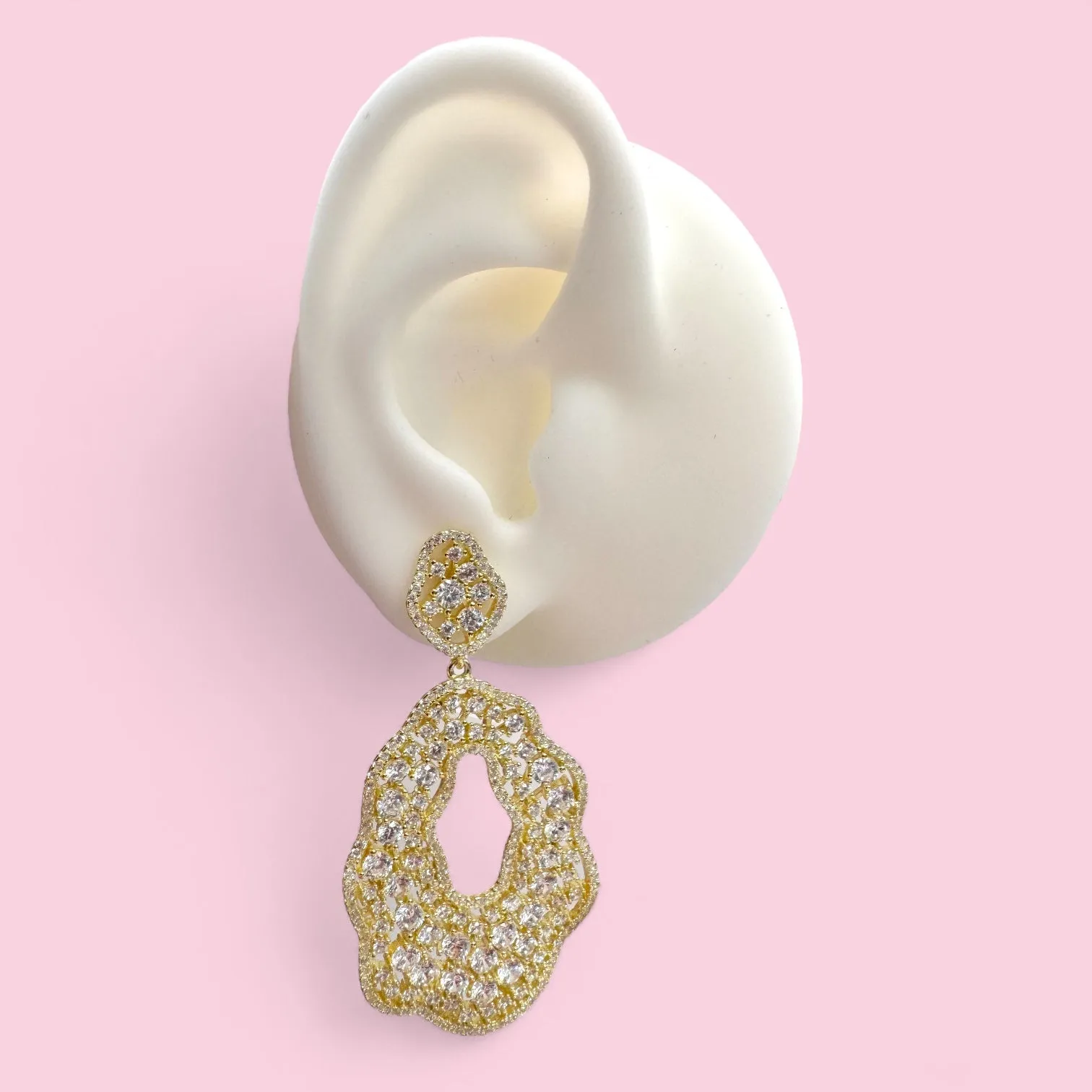 Gold Plated Large Open Oval Hanging Dressy Earring with Scattered CZ Stones Design