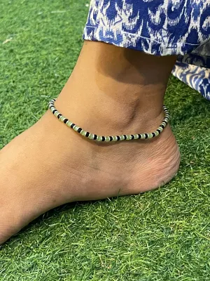 Green and Black beads nazariya sterling silver anklet single
