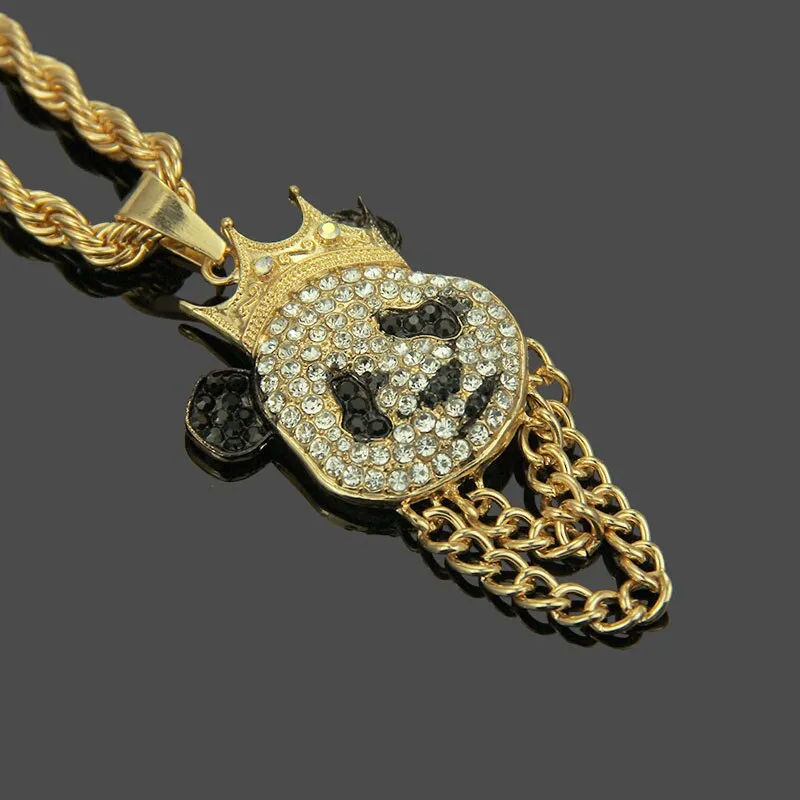 Hip Hop Crown Panda Pendant Necklace Iced Out Cuban Link Chain Mens Women