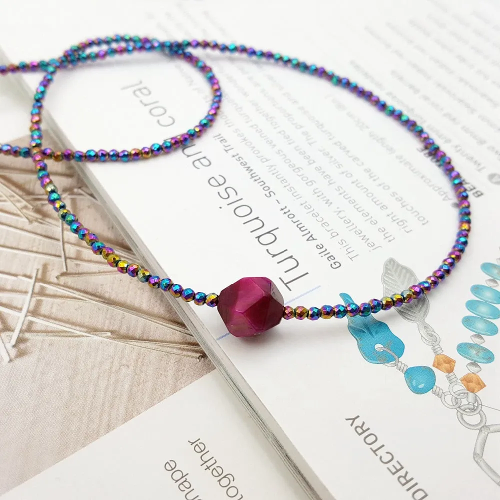 Hot Pink Tiger Rainbow Hematite Choker Necklace