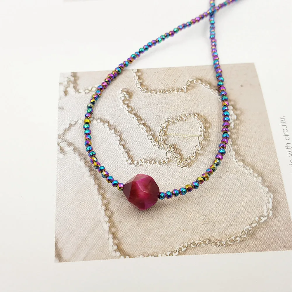 Hot Pink Tiger Rainbow Hematite Choker Necklace