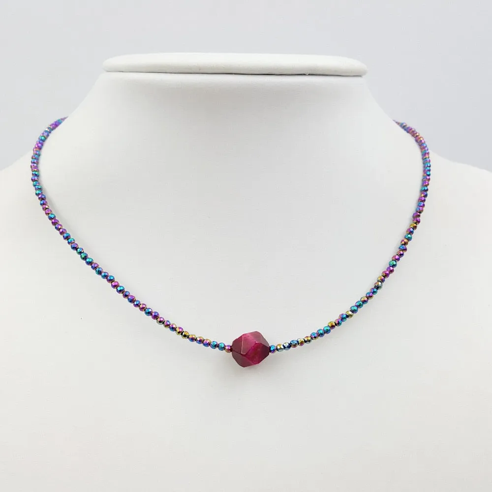 Hot Pink Tiger Rainbow Hematite Choker Necklace
