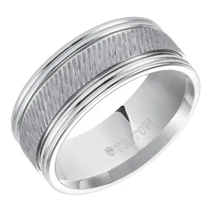 LARS Flat Pipe Cut White Tungsten Carbide Ring with Center Diagonal Coin Edge Texture and Polished Grooved Edges by Triton Rings - 9mm