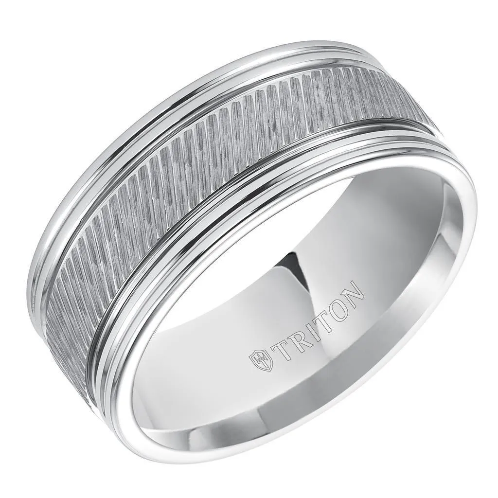 LARS Flat Pipe Cut White Tungsten Carbide Ring with Center Diagonal Coin Edge Texture and Polished Grooved Edges by Triton Rings - 9mm