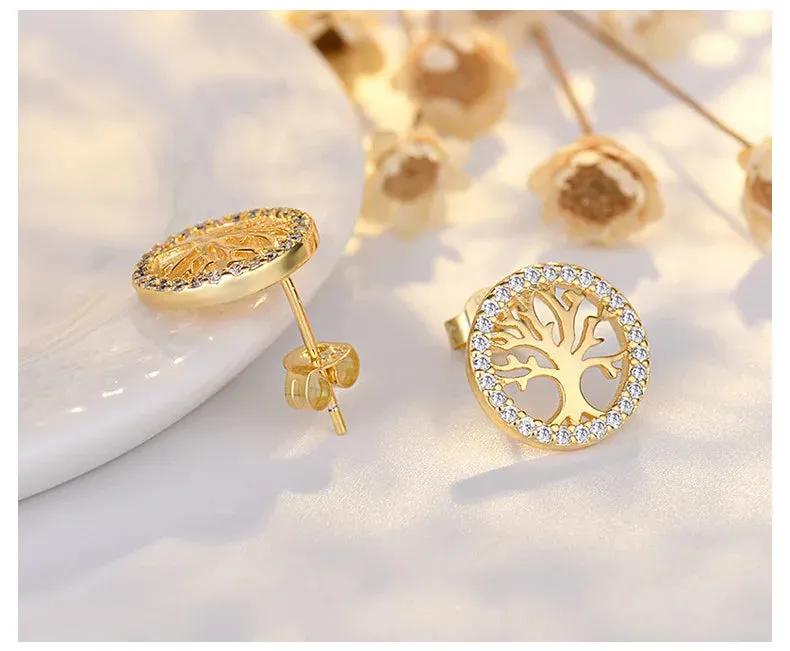 Lavish Crystal Tree of Life 925 Sterling Silver Stud Earrings for Women Fashion Cute Jewelry Accessories