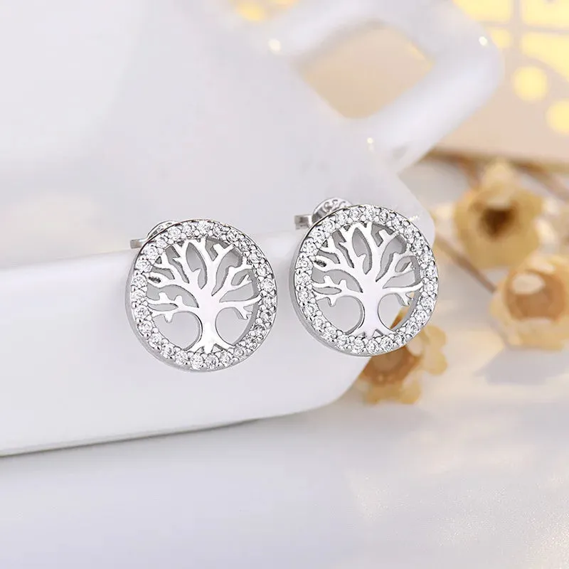 Lavish Crystal Tree of Life 925 Sterling Silver Stud Earrings for Women Fashion Cute Jewelry Accessories