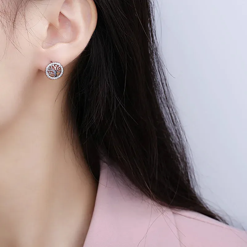 Lavish Crystal Tree of Life 925 Sterling Silver Stud Earrings for Women Fashion Cute Jewelry Accessories