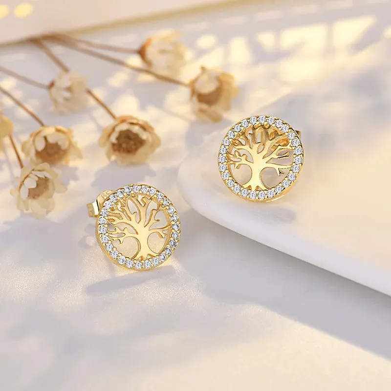 Lavish Crystal Tree of Life 925 Sterling Silver Stud Earrings for Women Fashion Cute Jewelry Accessories