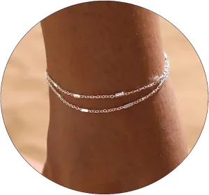 Layered Ankle Bracelets for Women 18K Gold Plated Dainty Fishbone Snake Chain Fine Bead Paperclip Peach Heart Anklets for Women Waterproof Minimalist Simple Anklets Fashion Summer Jewelry Anklet For Women
