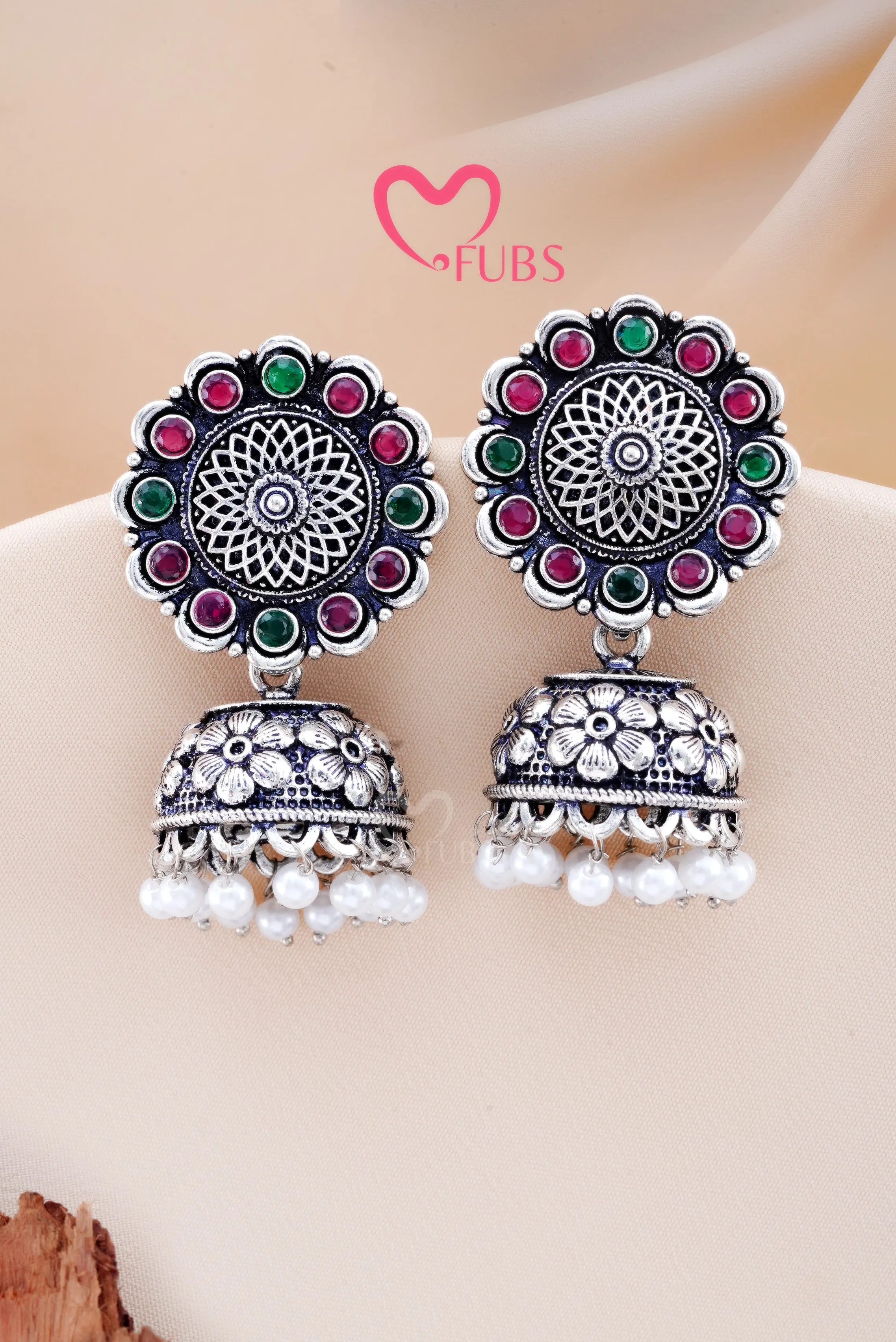 Maroon & Green Oxidized Ethereal Stone Chandrika Jhumka