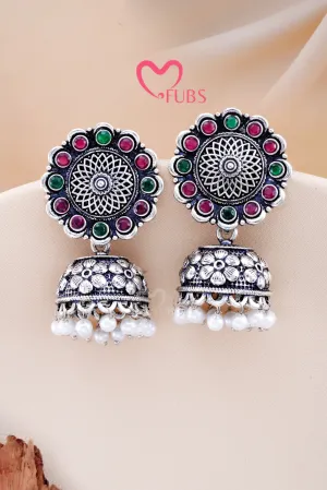 Maroon & Green Oxidized Ethereal Stone Chandrika Jhumka
