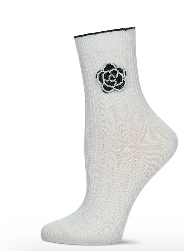 Memoi Beaded Blossom Crew Sock