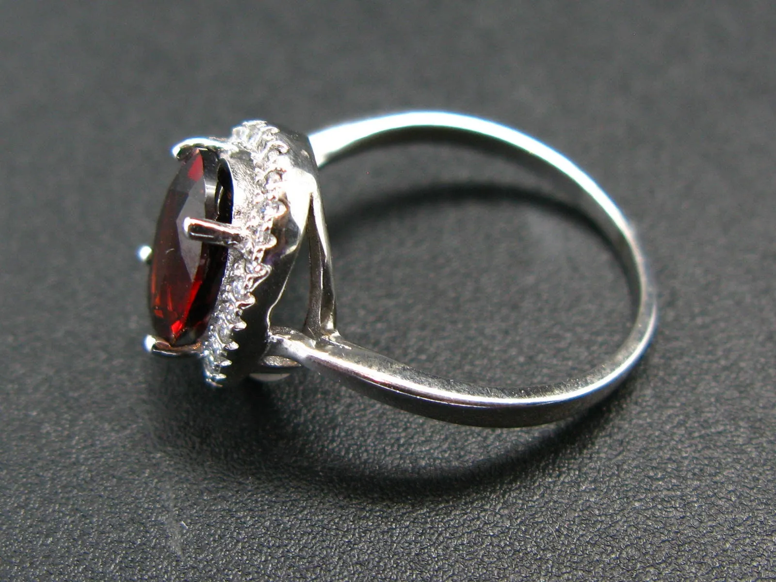 Natural Faceted Red Garnet Rhodium Plated Sterling Silver Ring with CZ - Size 5.5