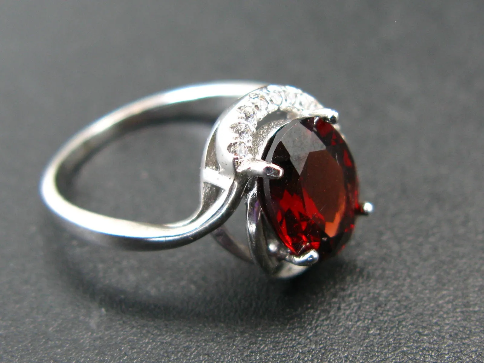 Natural Faceted Red Garnet Rhodium Plated Sterling Silver Ring with CZ - Size 5.5
