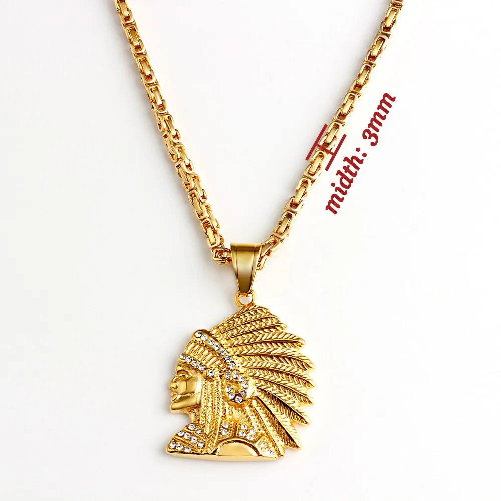 New 316L Stainless Steel Gold Indian Head Pendant Necklace for Women Men
