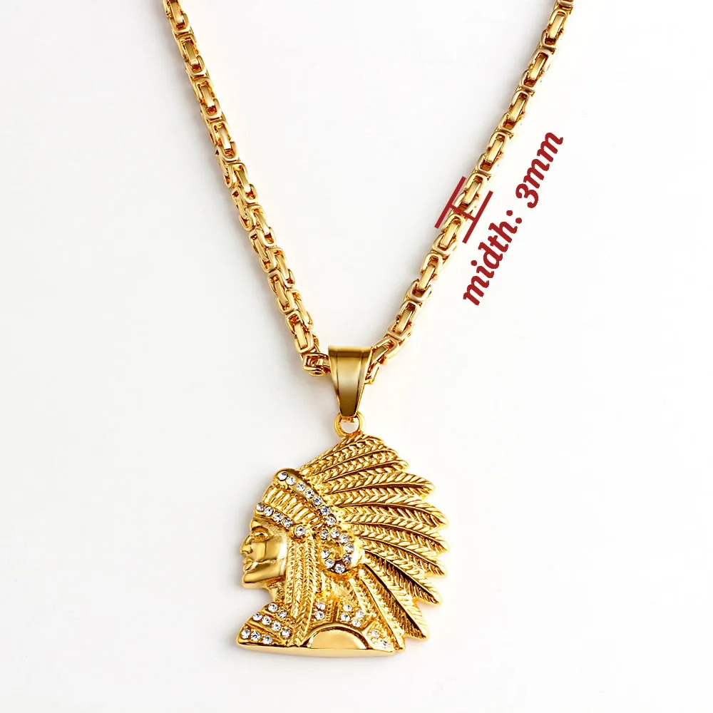 New 316L Stainless Steel Gold Indian Head Pendant Necklace for Women Men