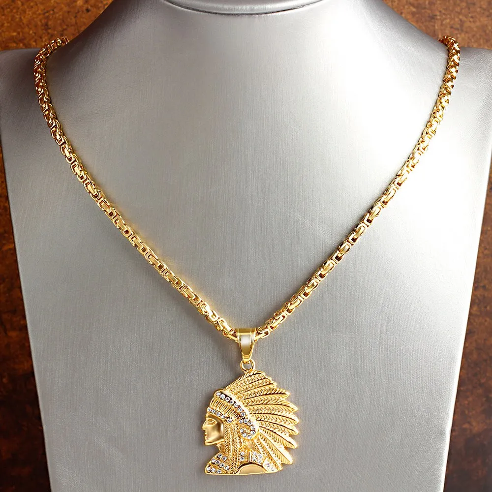 New 316L Stainless Steel Gold Indian Head Pendant Necklace for Women Men