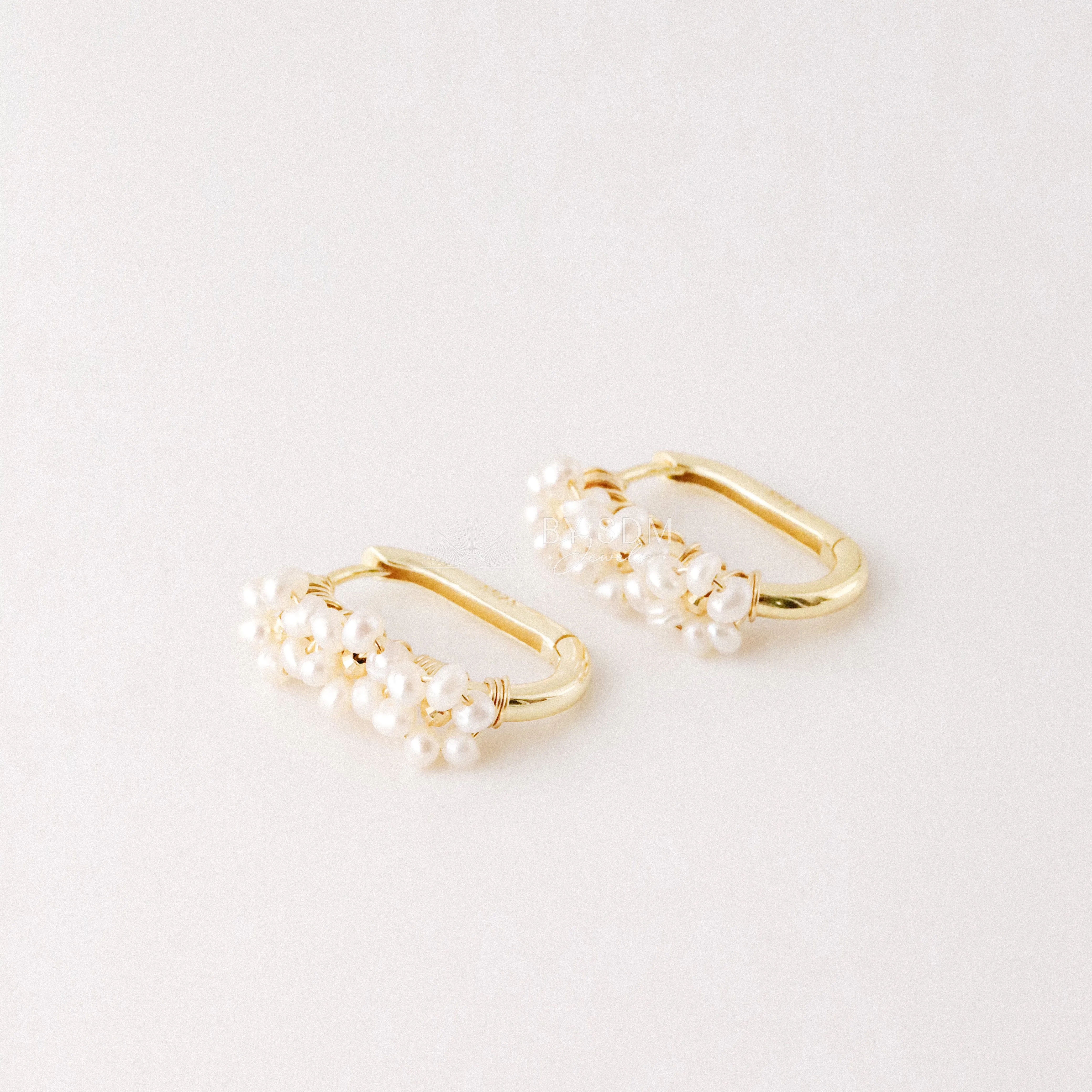 Oval Hoop Earrings with Real Pearl Flowers