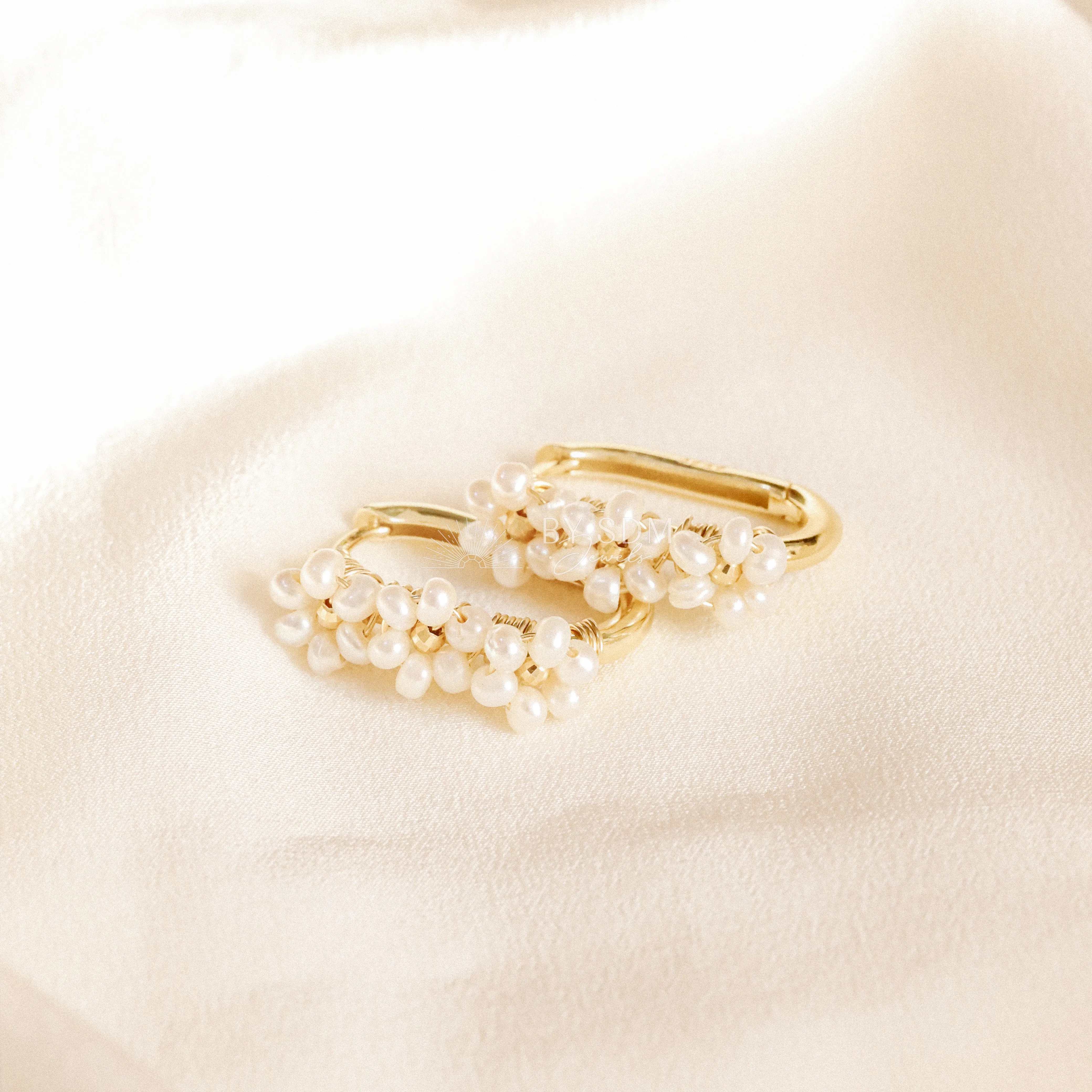 Oval Hoop Earrings with Real Pearl Flowers