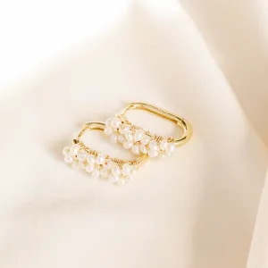 Oval Hoop Earrings with Real Pearl Flowers