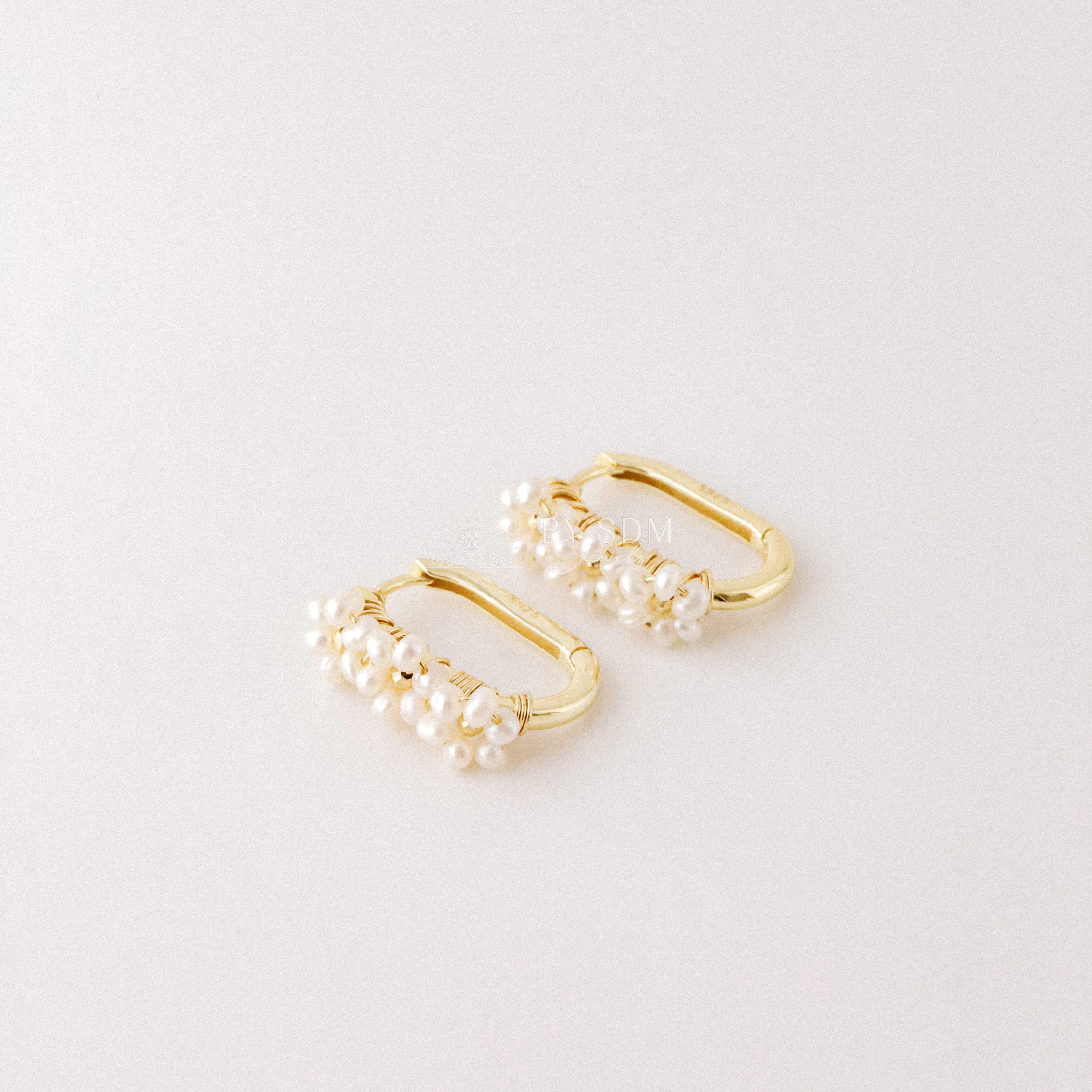 Oval Hoop Earrings with Real Pearl Flowers