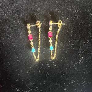 PAIR Droplet Chain Earrings | Purple Pink Turqoiuse Gem