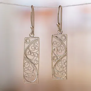 Polished Rectangle Sterling Silver Filigree Dangle Earrings - Enchanted Portals | NOVICA