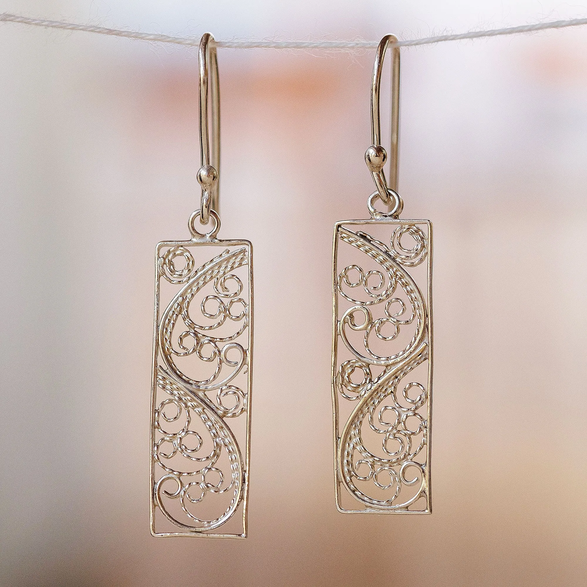 Polished Rectangle Sterling Silver Filigree Dangle Earrings - Enchanted Portals | NOVICA