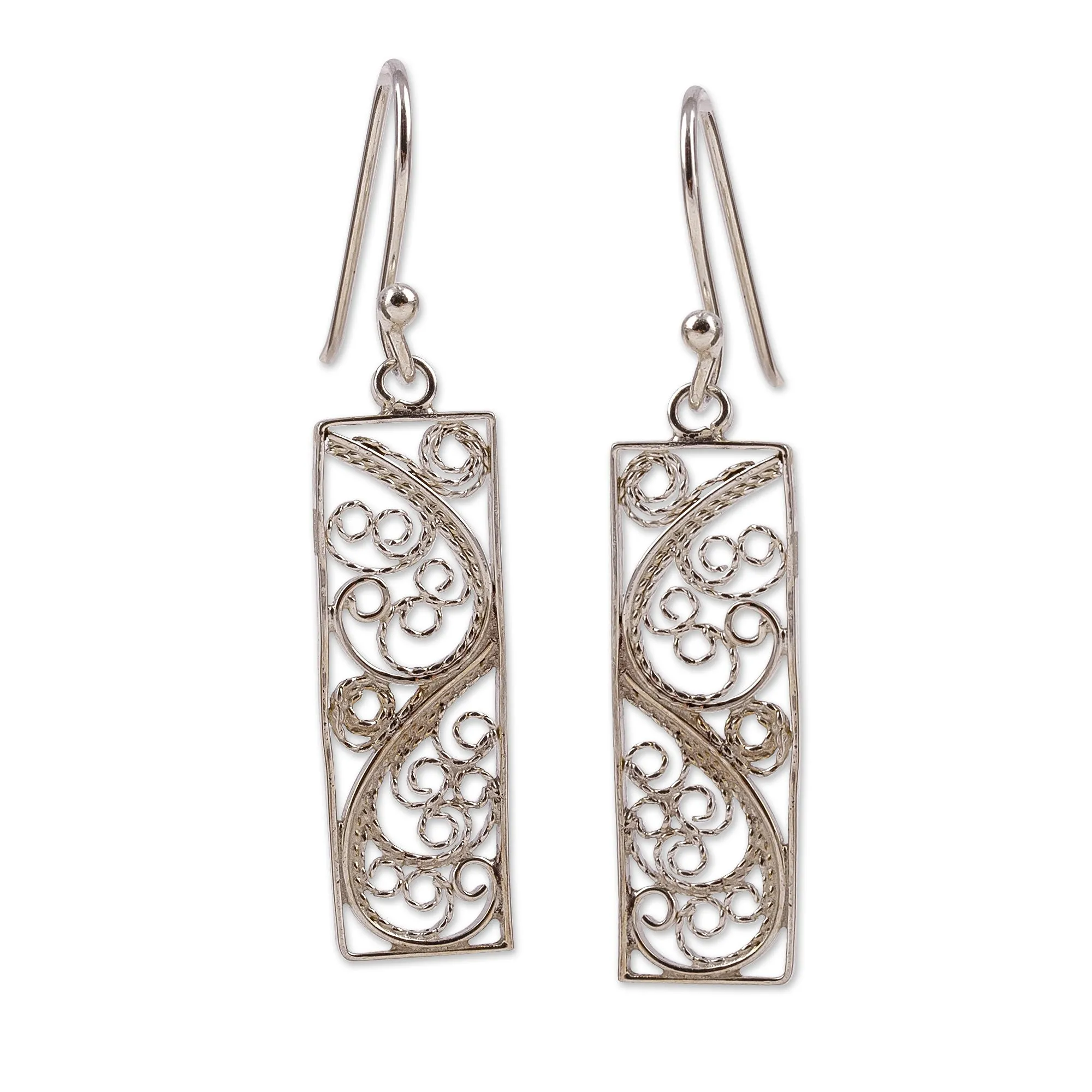Polished Rectangle Sterling Silver Filigree Dangle Earrings - Enchanted Portals | NOVICA