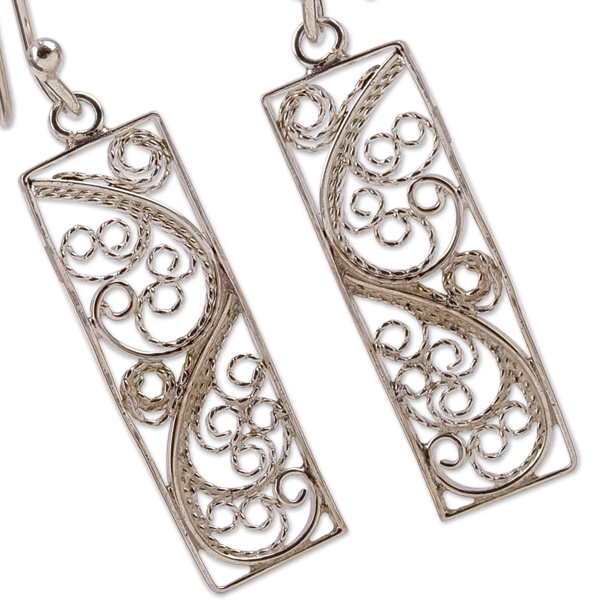 Polished Rectangle Sterling Silver Filigree Dangle Earrings - Enchanted Portals | NOVICA