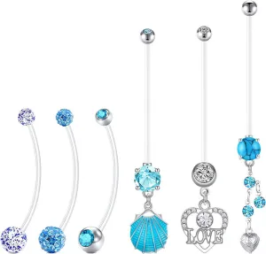 Pregnancy Maternity Flexible Bioplast Long Belly Button Rings Navel Retainer Body Piercing 14G 1&amp;1/2 Inch Length Varied Style