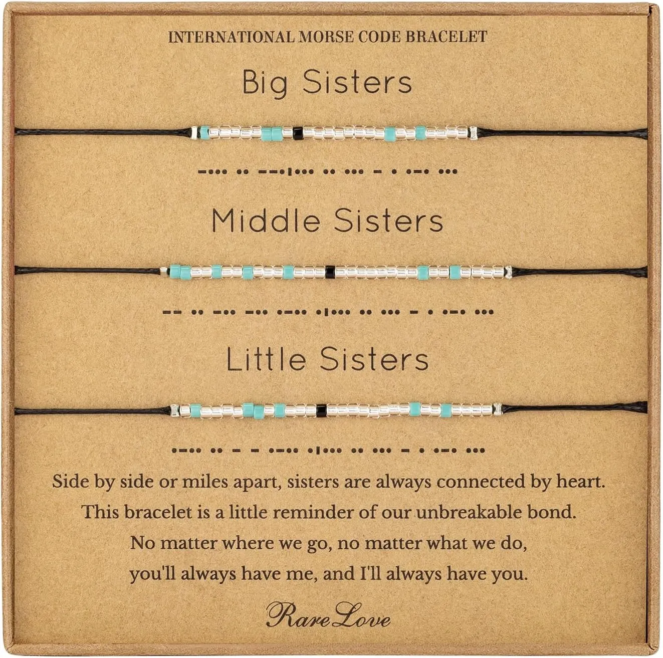 RareLove 3-Piece Sister Bracelets: Morse Code Beaded Bracelets for Women, Matching Blue Silver Pony Seed Beaded Bracelets