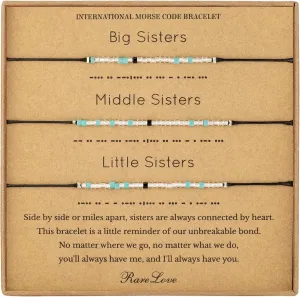 RareLove 3-Piece Sister Bracelets: Morse Code Beaded Bracelets for Women, Matching Blue Silver Pony Seed Beaded Bracelets