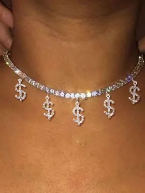 Rhinestone Decor Dollar Sign Charm Choker for Women Jewelry for Women Necklace