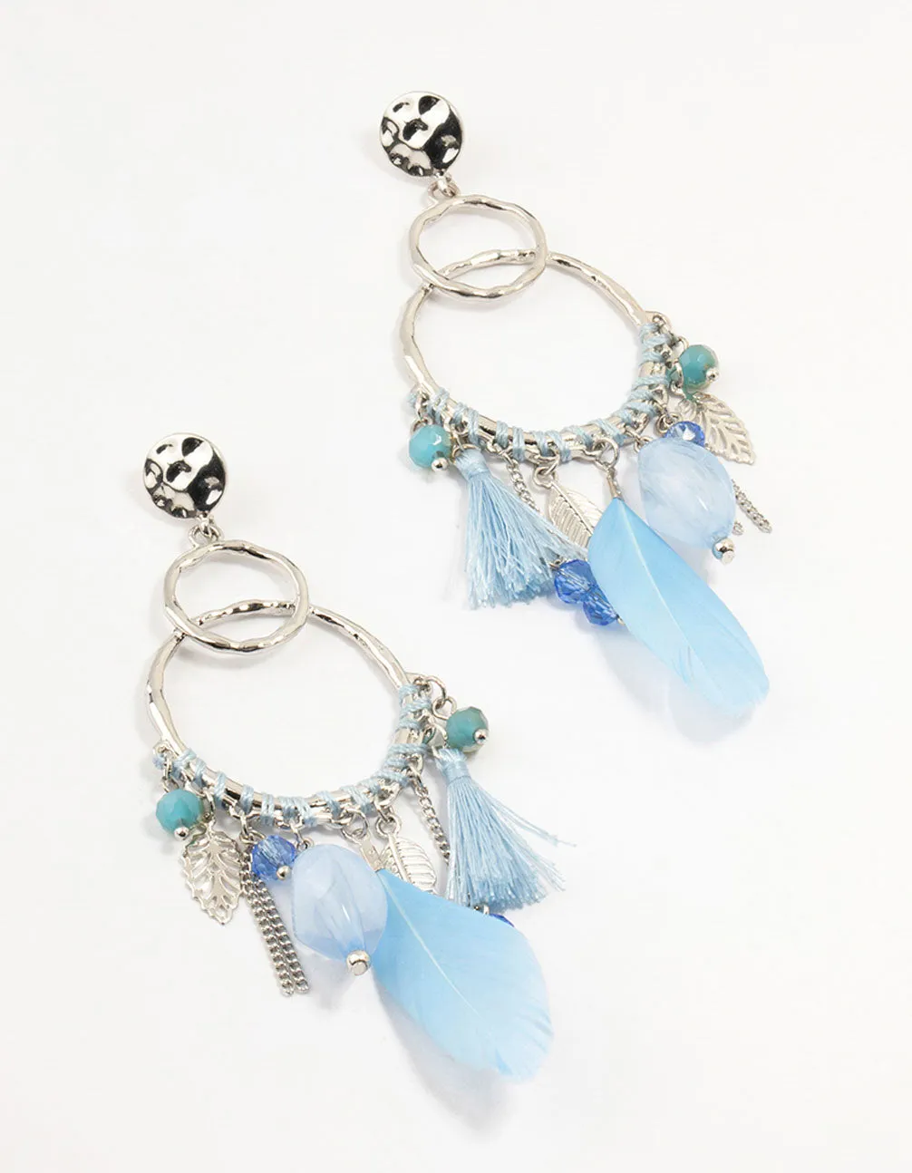 Rhodium Light Blue Feather Dream Catcher Drop Earrings