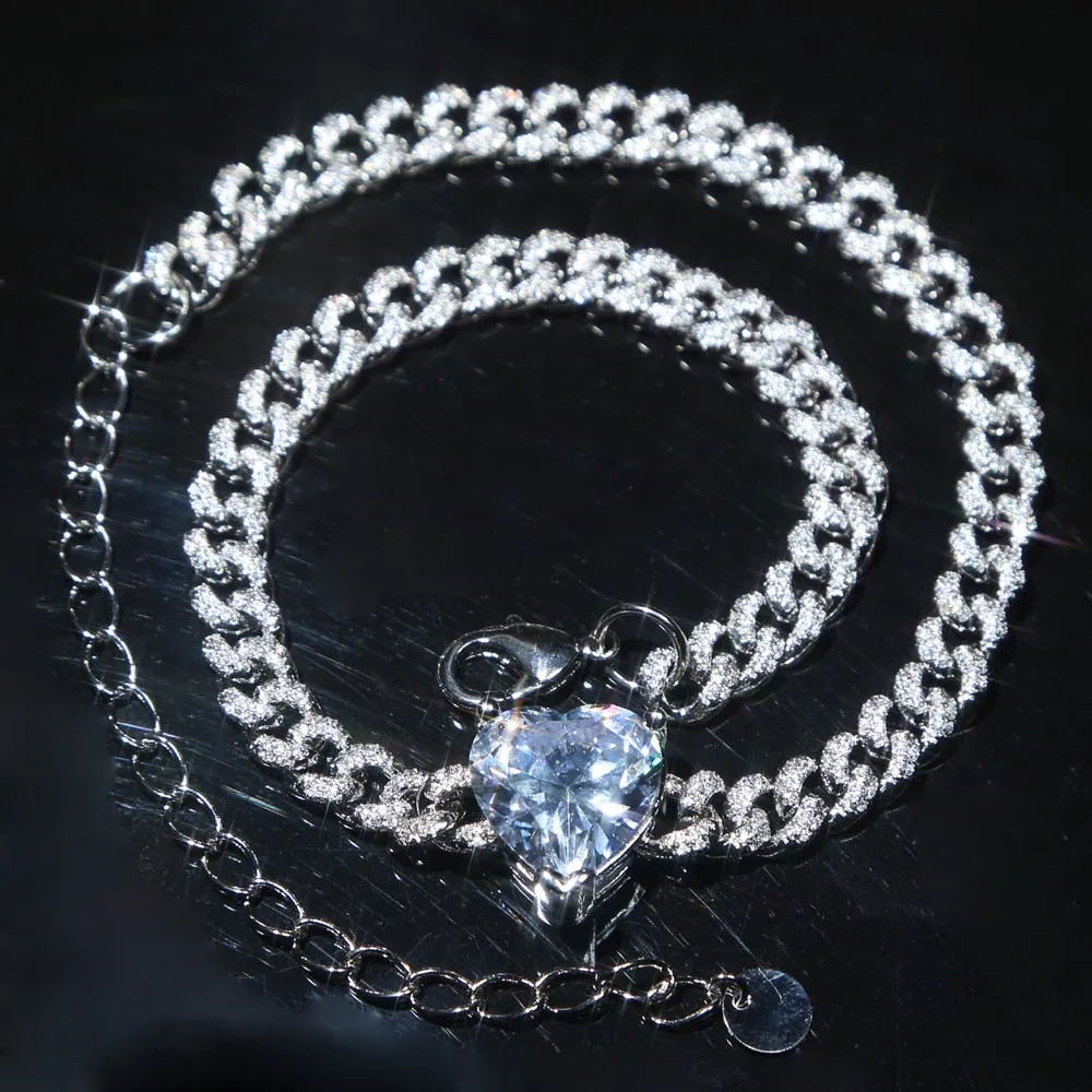 Romantic Pink Iced Out Big Heart Chokers Necklaces Silver/Rose Gold Cuban Link With Mini Cubic Zircon Chain Women Neck Jewelry