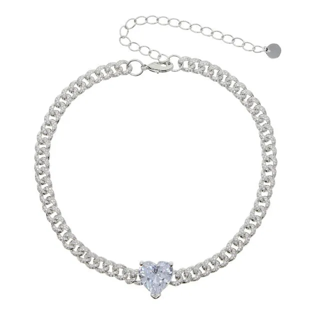 Romantic Pink Iced Out Big Heart Chokers Necklaces Silver/Rose Gold Cuban Link With Mini Cubic Zircon Chain Women Neck Jewelry