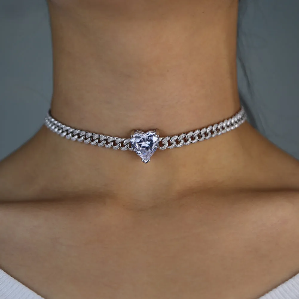 Romantic Pink Iced Out Big Heart Chokers Necklaces Silver/Rose Gold Cuban Link With Mini Cubic Zircon Chain Women Neck Jewelry