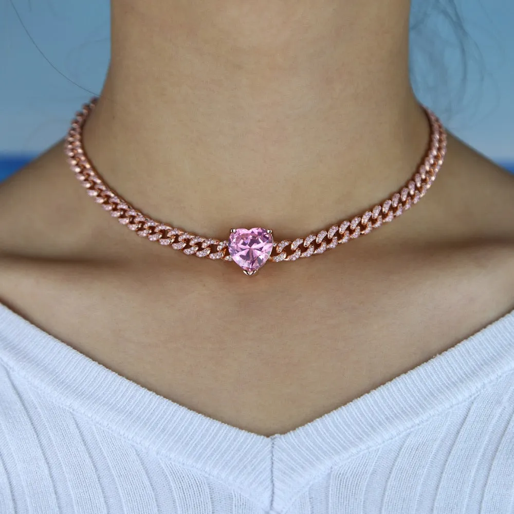 Romantic Pink Iced Out Big Heart Chokers Necklaces Silver/Rose Gold Cuban Link With Mini Cubic Zircon Chain Women Neck Jewelry