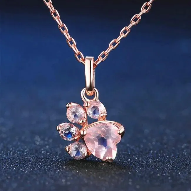 Rose Gold Color Bear Paw Dog Cat Claw Necklace for Women Pink Zircon Cute Footprint Women Choker Necklaces Cat Jewelry Sets