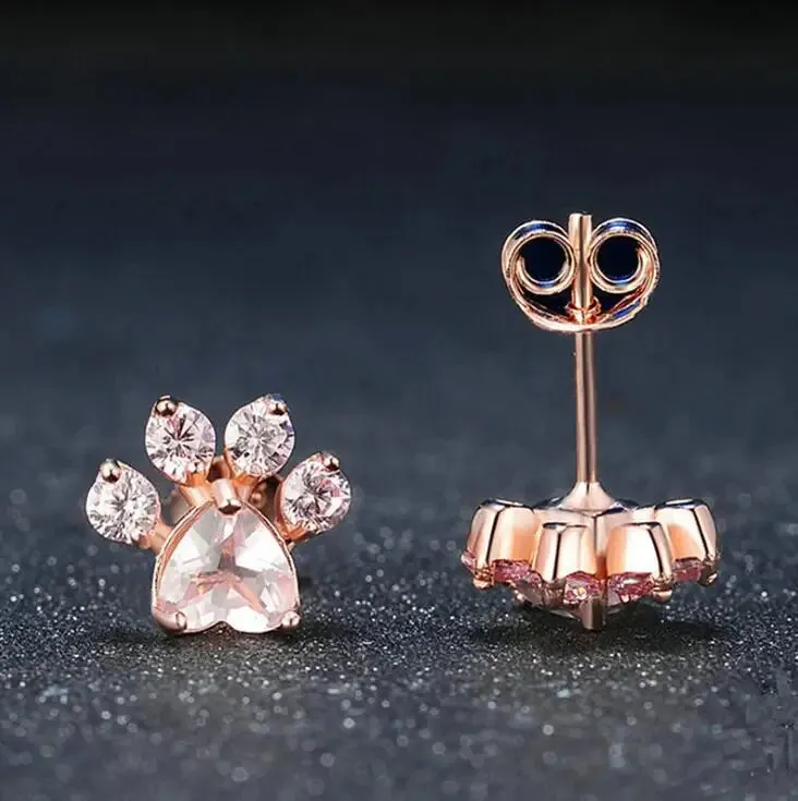 Rose Gold Color Bear Paw Dog Cat Claw Necklace for Women Pink Zircon Cute Footprint Women Choker Necklaces Cat Jewelry Sets