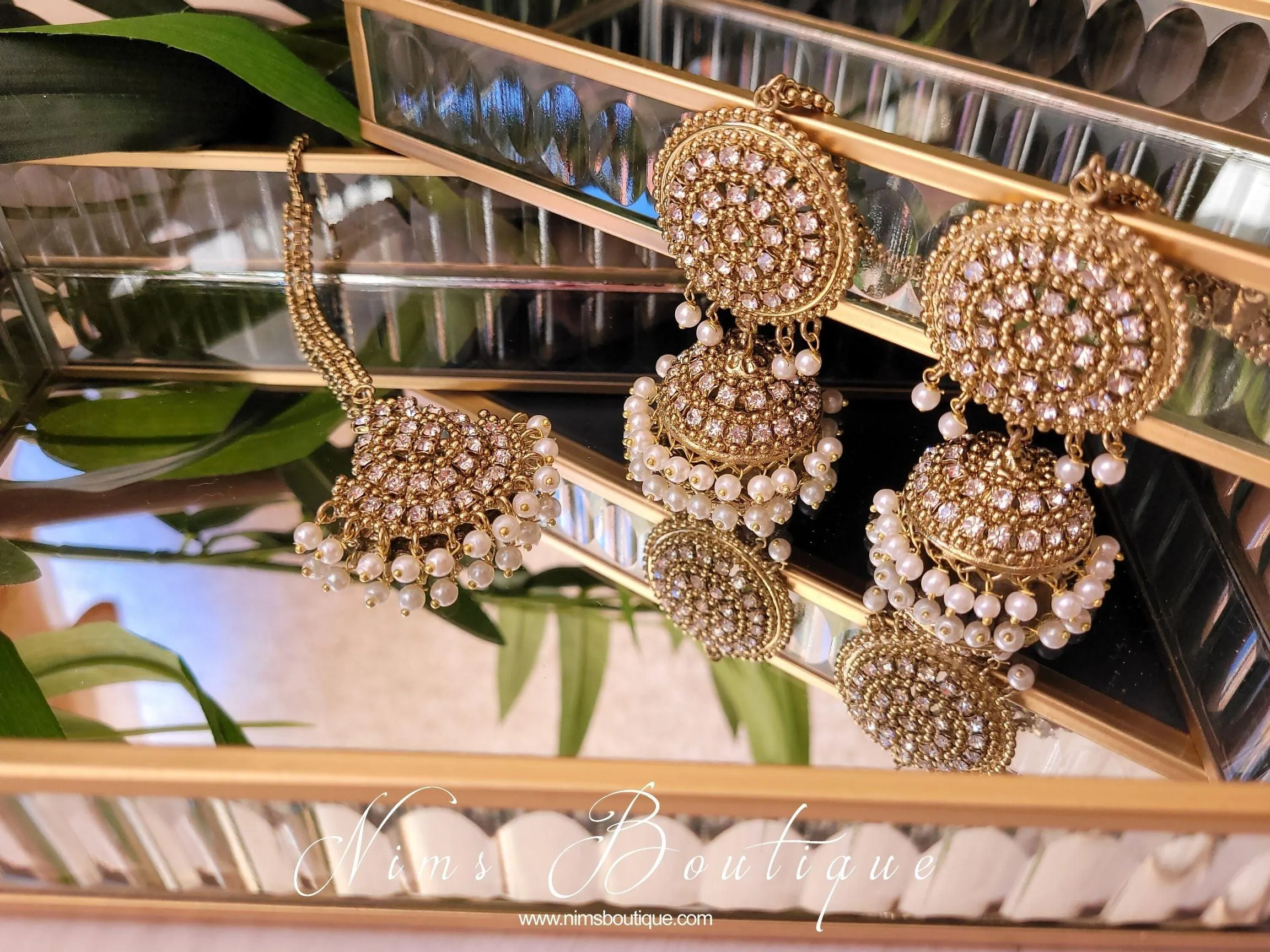 Royal Antique Gold & Pearl Chumke & Tikka Set (with earring chains)